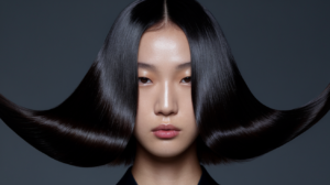 Glossy hair styled in the trending glass hair look, representing Korean haircare trends in November 2024.