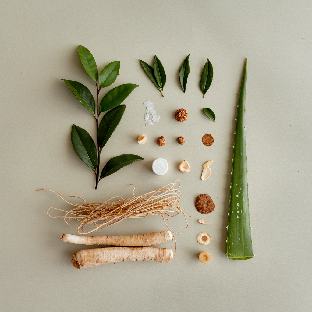 Natural Korean skincare ingredients, including green tea and ginseng.