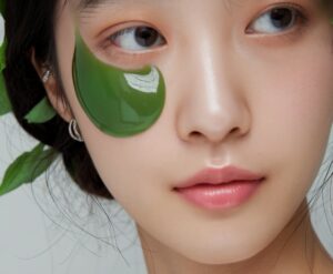 Close up of a woman's face with a green Korean eye mask.