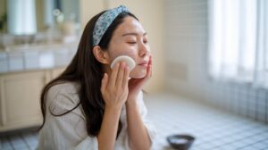 A photo of a Korean woman washing her face with a traditional Korean skincare tool, called a gua sha.