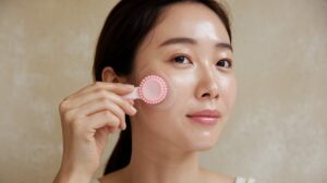 A Korean skincare routine video with a medium shot of a woman's face as she performs a face exfoliation.