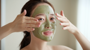 A Korean skincare routine video. A woman's hands are shown gently rubbing a green exfoliating face mask on her face.