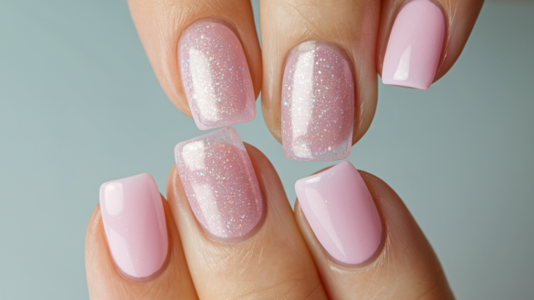 Close-up of nails with Korean jelly gel polish in soft pink featuring a glittery, semi-transparent finish.